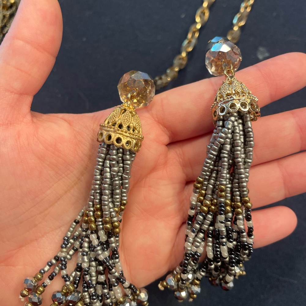 Elegant Gold and Silver Beaded Tassel Necklace